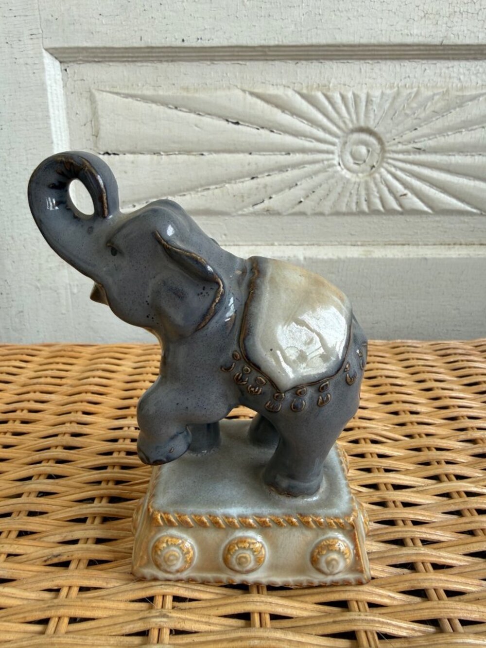 Vintage MCM Glazed Ceramic Elephant Figurine Trunk & Foot Up